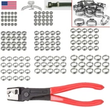 130X Assorted Hose Clamp Stainless Steel Ear Cinch Rings Crimp Pinch Set Pliers