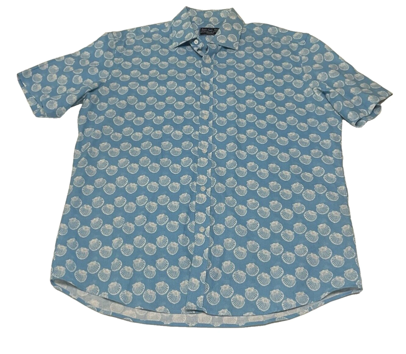 Charleston Threads Mens Linen Shirt L Blue Seashell Southern Prep Hawaiian Beach