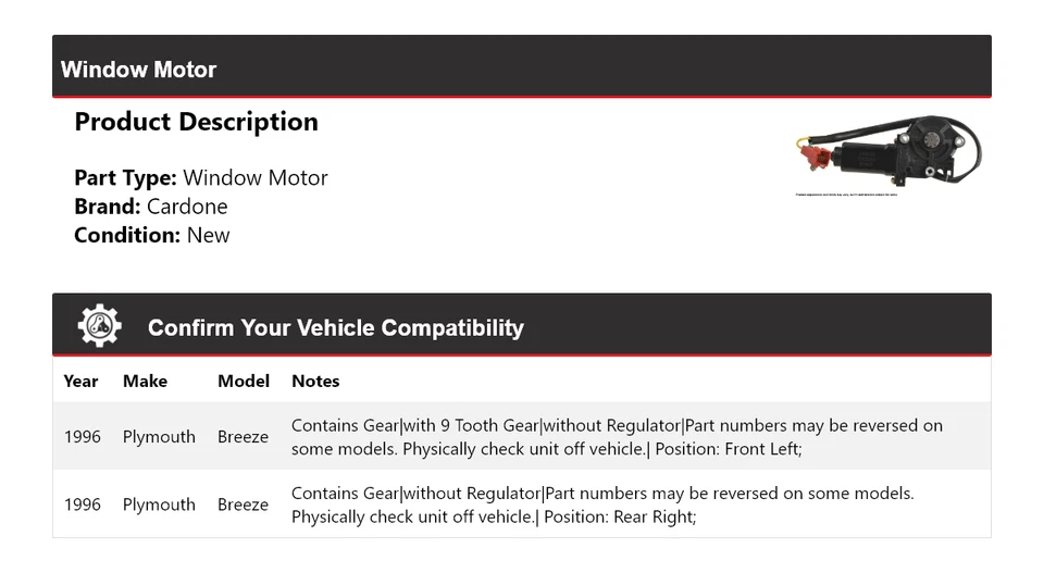 For 1996 Plymouth Breeze Window Motor Cardone - Image 2 of 4