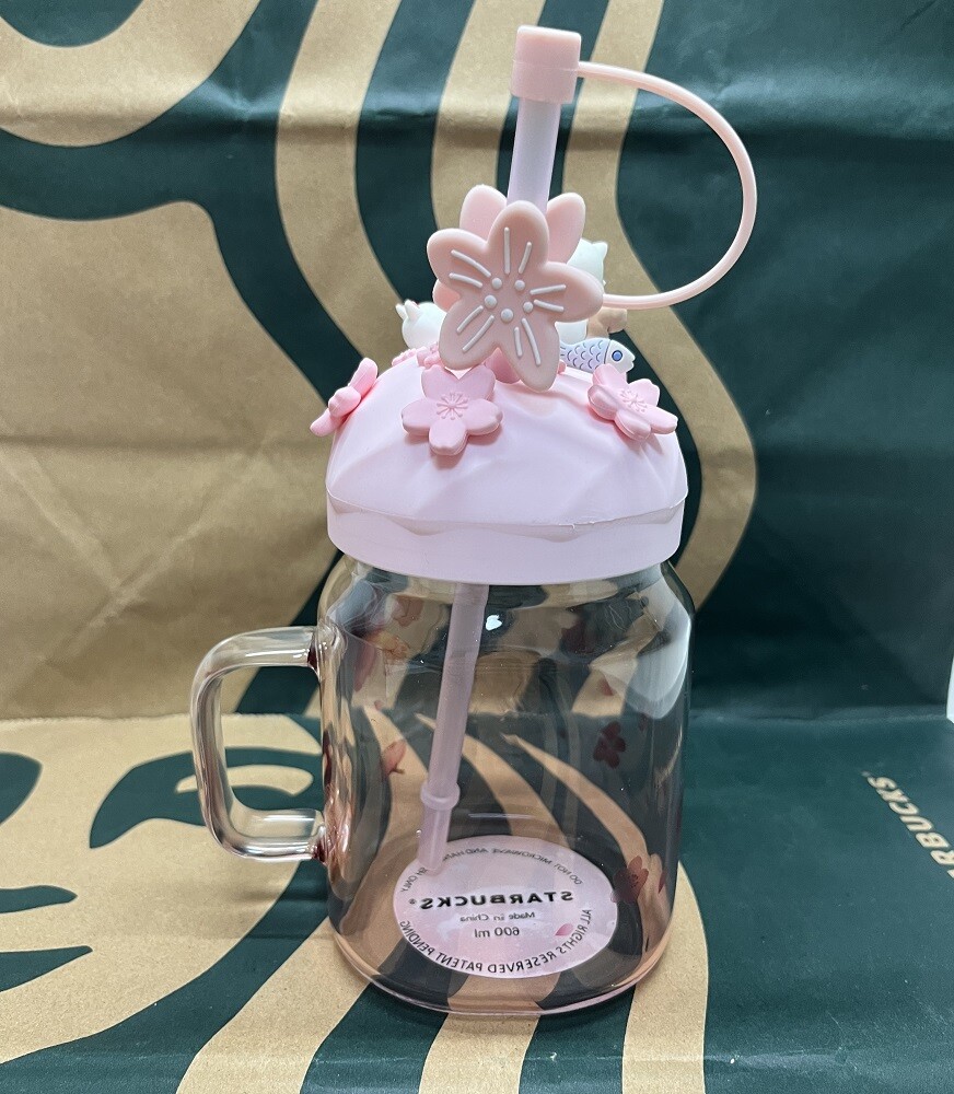 2023 Starbucks Cute Cat Gradient Pink Tumbler + Sakura Topper 20oz Cold Cup Gift