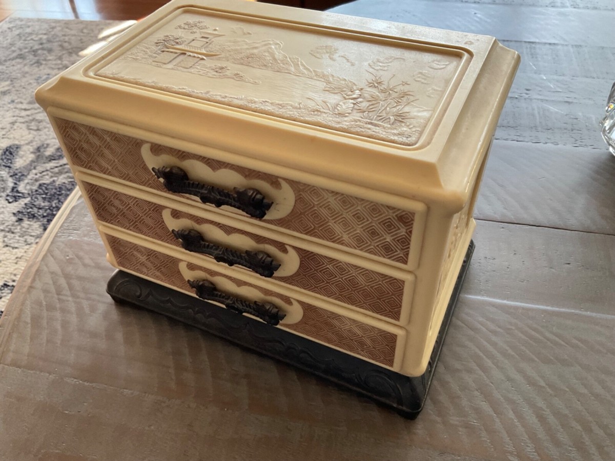 VINTAGE JAPANESE CELLULOID BAKELITE JEWELRY BOX EMBOSSED BLACK
