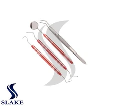 Dental Basic Set Mirror Explorer College Plier Lucas Set of 4 Instruments Red