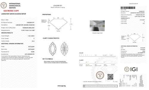 1.52 Ct MARQUISE Cut IGI Certified Lab Grown CVD Diamond E Color VS2 Clarity - Picture 2 of 12