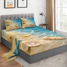 Size 4 Pcs Bed Fitted Sheet Set with 14" Deep Queen Summer Seashell Beach