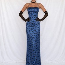 Vintage Y2K Blue Black Velvet Floral Satin Maxi Bodycon Formal Prom Dress Size S