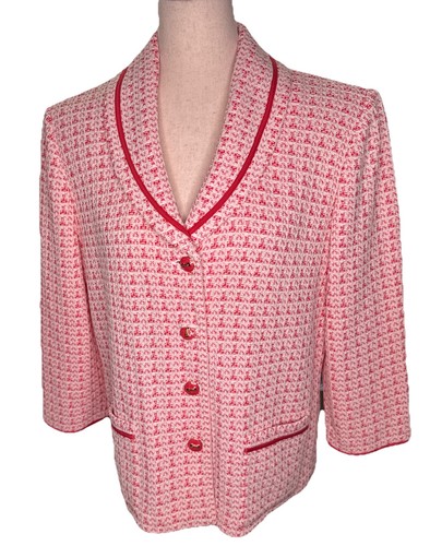 Vintage St John jacket Knit Coral Pink White Check Suit Blazer Jacket Sz 12 USA - Picture 11 of 12