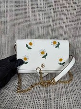 TORY BURCH WOMEN'S EMERSON DAISY APPLIQUE CHAIN WHITE IVORY WALLET 80137