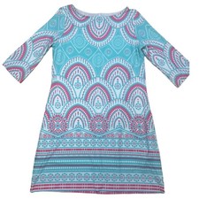 Just Taylor Dress 10P Petite Teal Pink Medallion 3/4 Sleeve Lined Shift Boho