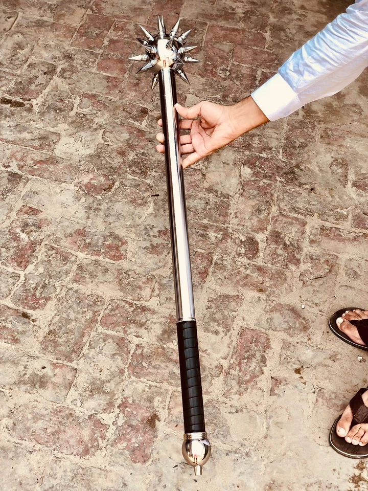 Maza bola medieval hecha a mano con púas plateada con estrella mortal de la mañana plateada Foto 3 de 4