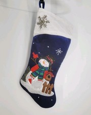 Snowman Christmas Stocking Blue Velvet Cardinal Birdhouse Snowflake Embellishing