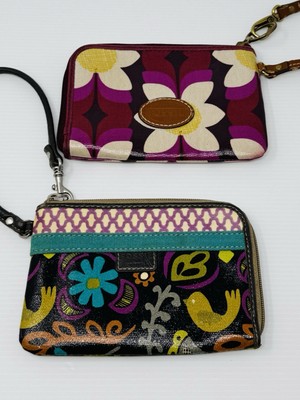 2 Fossil Key-Per Leather Canvas Purse Wristlet Printed Multicolor Zip Closure