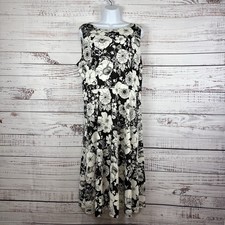 Talbots Dress Womens Size XL Petite Black White Floral Sleeveless A Line Midi