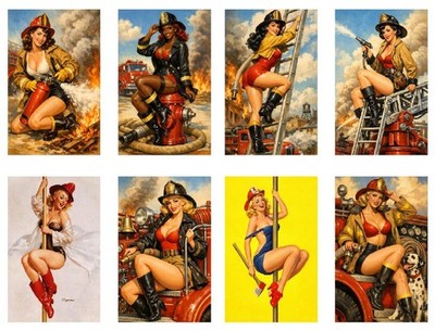 Set of 8 Vintage Metal Pin Up Girls Collector Cards Fire Fighter MPIN11