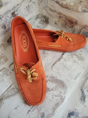 TOD'S Orange Suede Gommino Driving Moccasins Boat Shoes Loafers Made in Italy 39