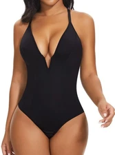 SHAPERIN Women's Deep V Neck Bodysuit Double Lined Plunge Tummy Control XL