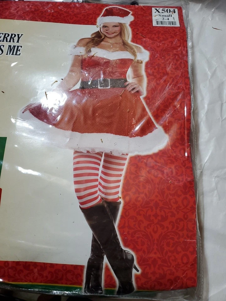 服装 USA Merry Kiss Me 性感 Mrs Clause 女式 S 码 2-4 红色亮片 — 第 3/3 张图片