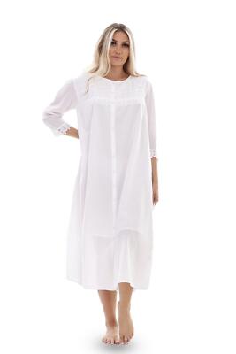 Ladies White Cotton Nightdress Buttons Lace Trim 3/4 Sleeve Victorian  Nightie