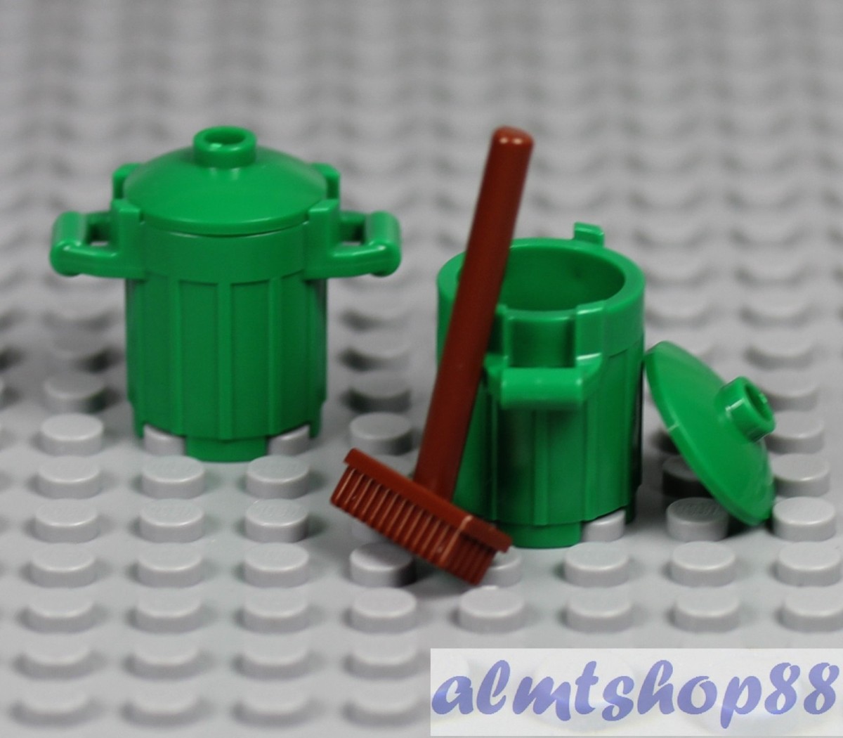 LEGO - 2x Green Trash Bin & Brown Broom Minifigure Utensil Garbage