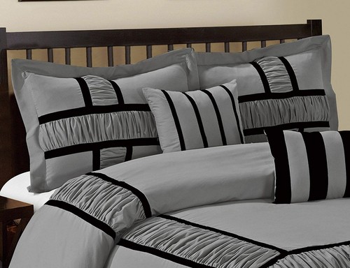 HIG 7 Piece MARMA Ruffle & Patchwork Comforter Sets Grey Taupe Queen King - Picture 5 of 14