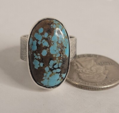 Number #8 Mine Turquoise Sterling Silver Ring Size 9.5 - 11.6g Signed Tufa Cast 