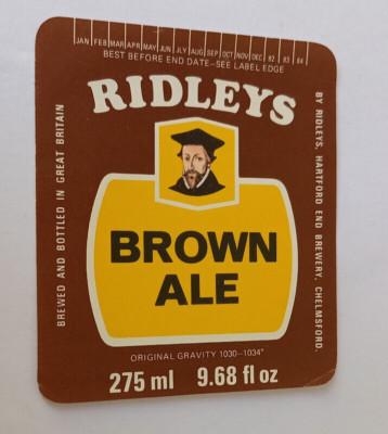 Ridleys - Brown Ale  - 275 ml - 9.68 Fl Oz -  Vintage Beer Label 1982
