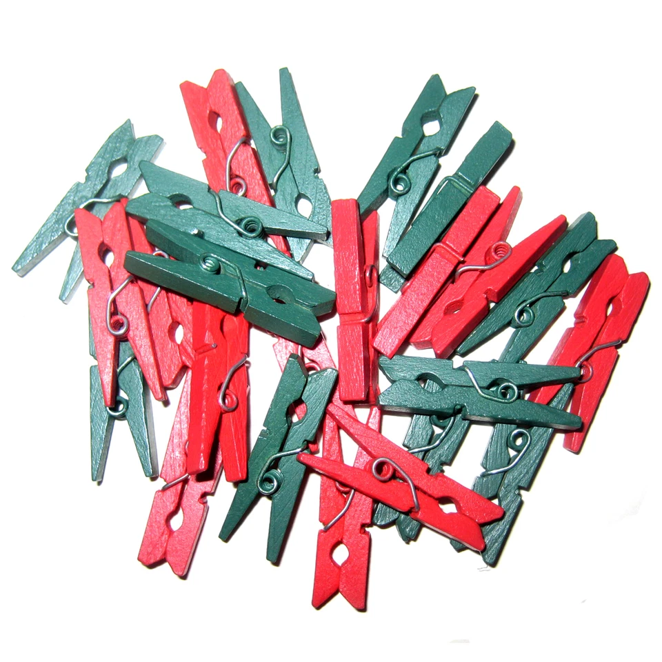 LTC MINI PINCES A LINGE BOIS 30mm LOT DE 24 ROUGES ET VERTES