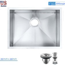 22" x 18" x 9" Handmade Zero Radius Kitchen Sink 16Gauge 304 Stainless Steel