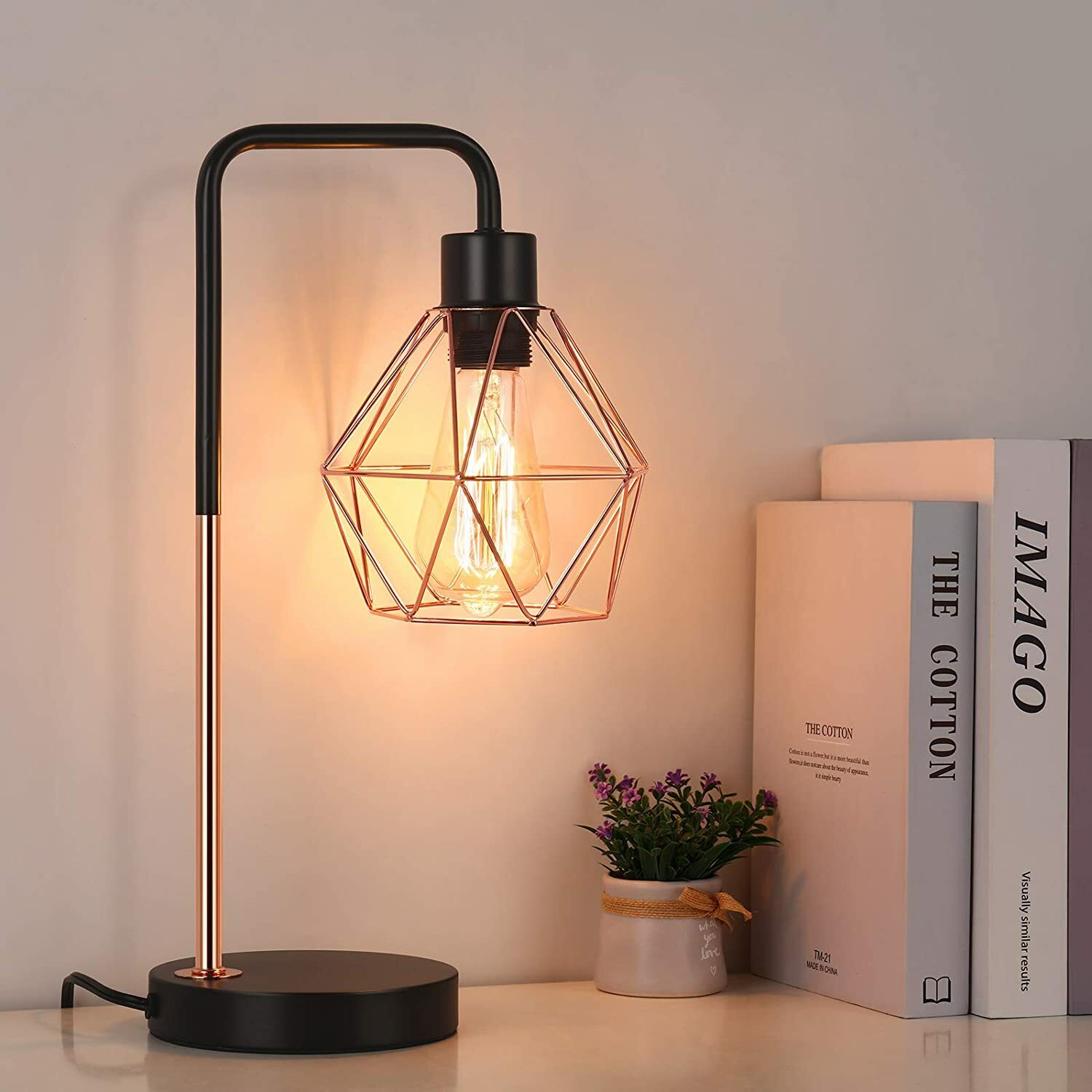 Industrial Table Lamp Rose Gold Bedside Lamp Geometric Cage Shade for
