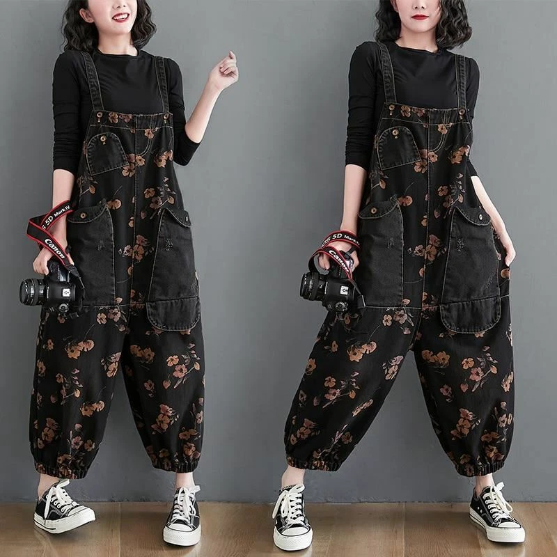 Women Oversized Baggy Big Loose Jeans Jumpsuit Pocket Floral Print