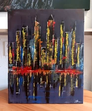Abstract Night Cityscape by the Water Original Painting Canvass Signed Jpaber
