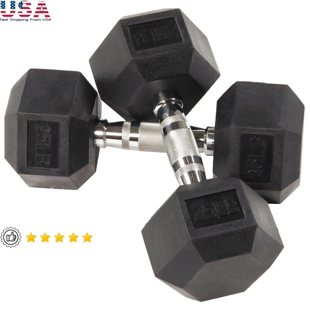 Rubber Hex Dumbbells 25lb Pair Non-Slip Grip Weight Set Home Gym Fitness Black