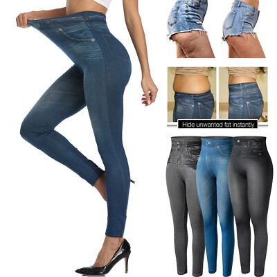 Women Hi-Waisted Tummy Control Faux Denim Jeggings Leggings Skinny Pencil  Pants