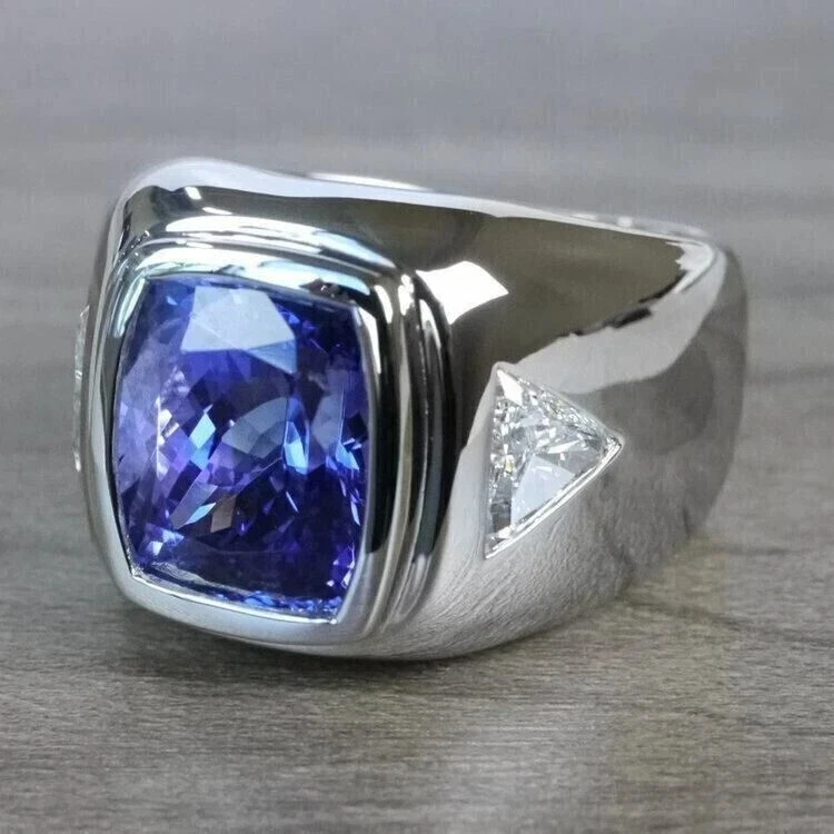 Anillo de boda solitario de tanzanita creado en laboratorio con cojín para hombre enchapado en oro blanco de 14 k Foto 4 de 4