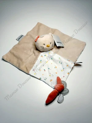 Doudou Plat Carré Mila Zoé Et Lana Chat Beige Blanc Fleurs Attache Tétine Nattou - Photo 1/3