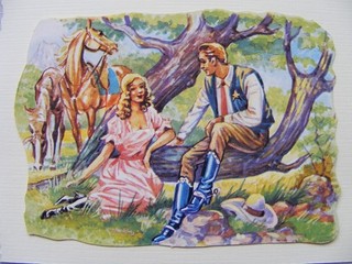 Glanzbild Oblate Poesiealbum Sammlung Kinder alt groß Cowboy Frau Pferde vintage