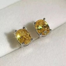 14K White Gold Plated Lab Created Yellow Citrine 3Ct Oval Cut Stud Earrings
