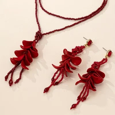 Set "Orchideen" *** Damen Collier Kette + Ohrringe, Acryl rot - Bild 1 von 4