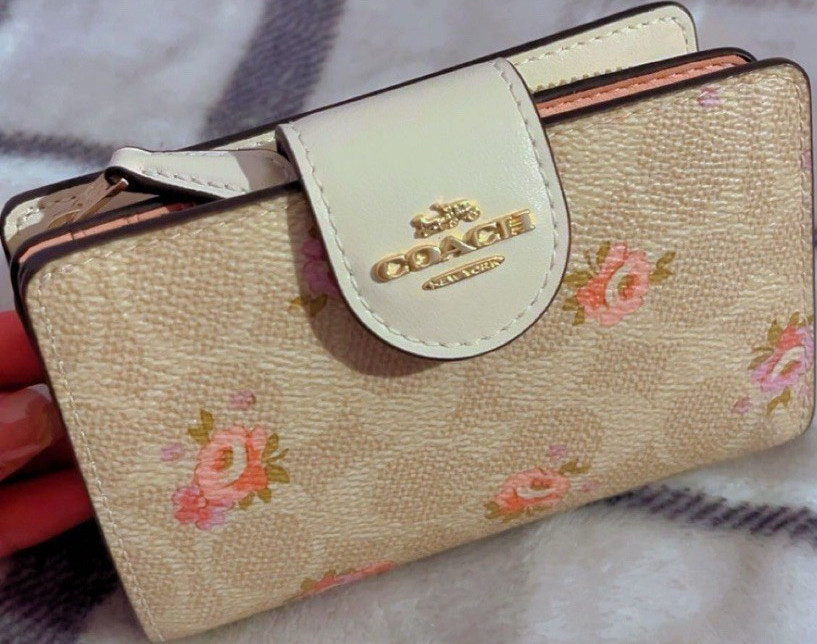 Coach Floral Print Bifold Wallet, Zip Coin Pocket & ID Window, Beige Pink