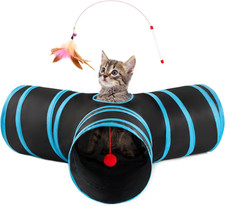 Cat Tunnel for Indoor Cats, 3-Way Collapsible Play Tunnel with Teaser Wand, Peek