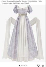 Purple Regency Dresses Women Empire Waist 1800s Victorian Gown Shawl Large 238