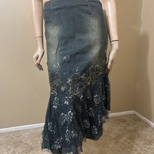 Women  s Blue Greenish Denim Cotton Stretch Boho Bead Zip Size S 4-6 Skirt 3715