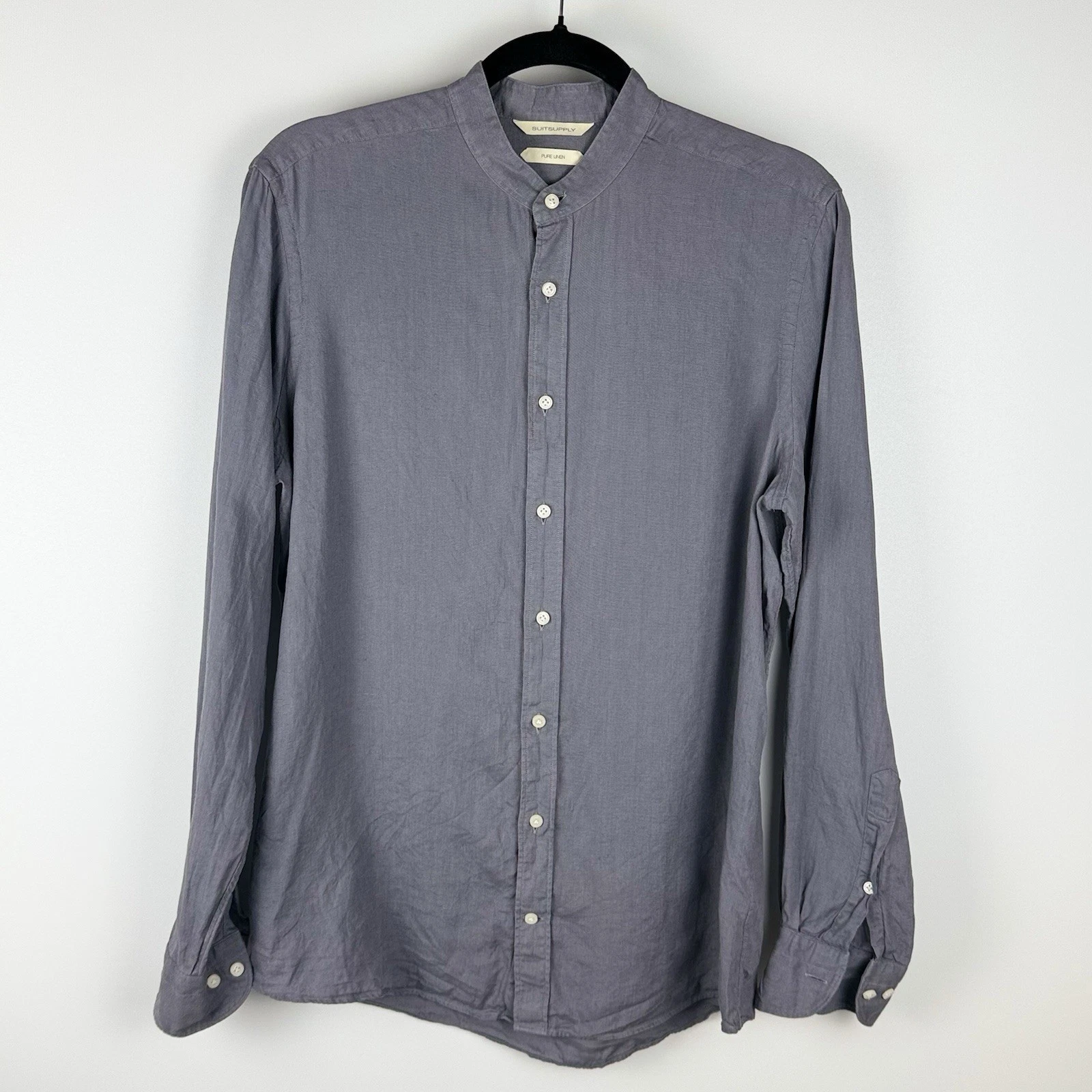 Suitsupply Linen Shirt 15 1/2-3/4 39/40 M Slim Fit Gray/Blue Band Collar