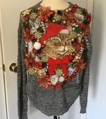 Feo Suéter de Navidad Fiesta, ¡Cubierto de Gatos! ¡Ganador! Hombre XL