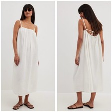 NWT NA-KD Soft Cotton Tie Back Midi Dress Size XL Ivory Gauzy Oversize Lagenlook