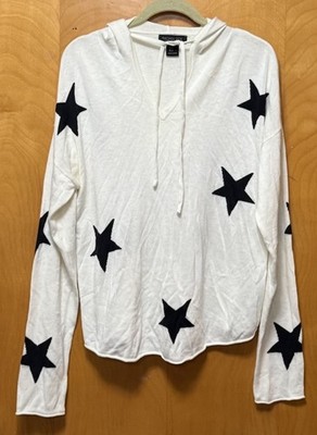 Rachel Zoe Womens Cashmere Blend Star Print Hooded Sweater Lightweight Ivory XL