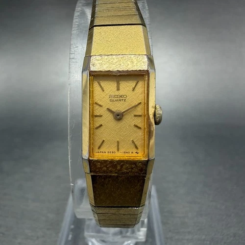 Seiko Tank Watch Women 12mm Champagne Dial Gold Tone 2e20-6259 New Battery JKBK8