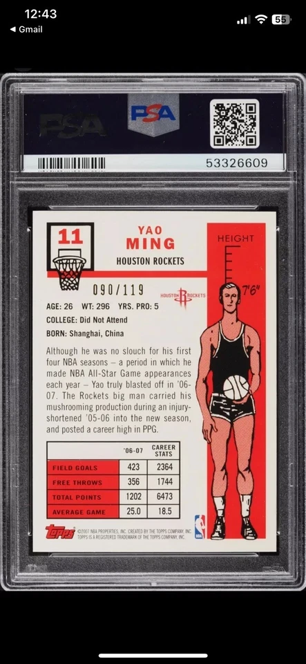 YAO MING 2007-08 Topps 1957-58 Variaciones 1ª Edición #11/119 POP 2 PSA 9 🔥 Foto 2 de 3