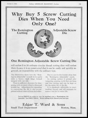 1912 Edward T. Ward & Sons Boston Massachusetts Screw Cutting Dies Print Ad