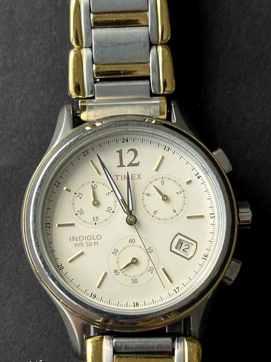 Men s Timex Watch Indiglo Chronograph Gold Silver Strap CR 2016