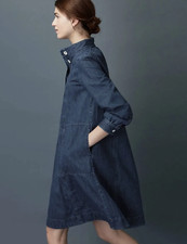 Toast Leila Denim Dress Size 10 Indigo Blue Swingy Shirt Long Sleeve Knee Length